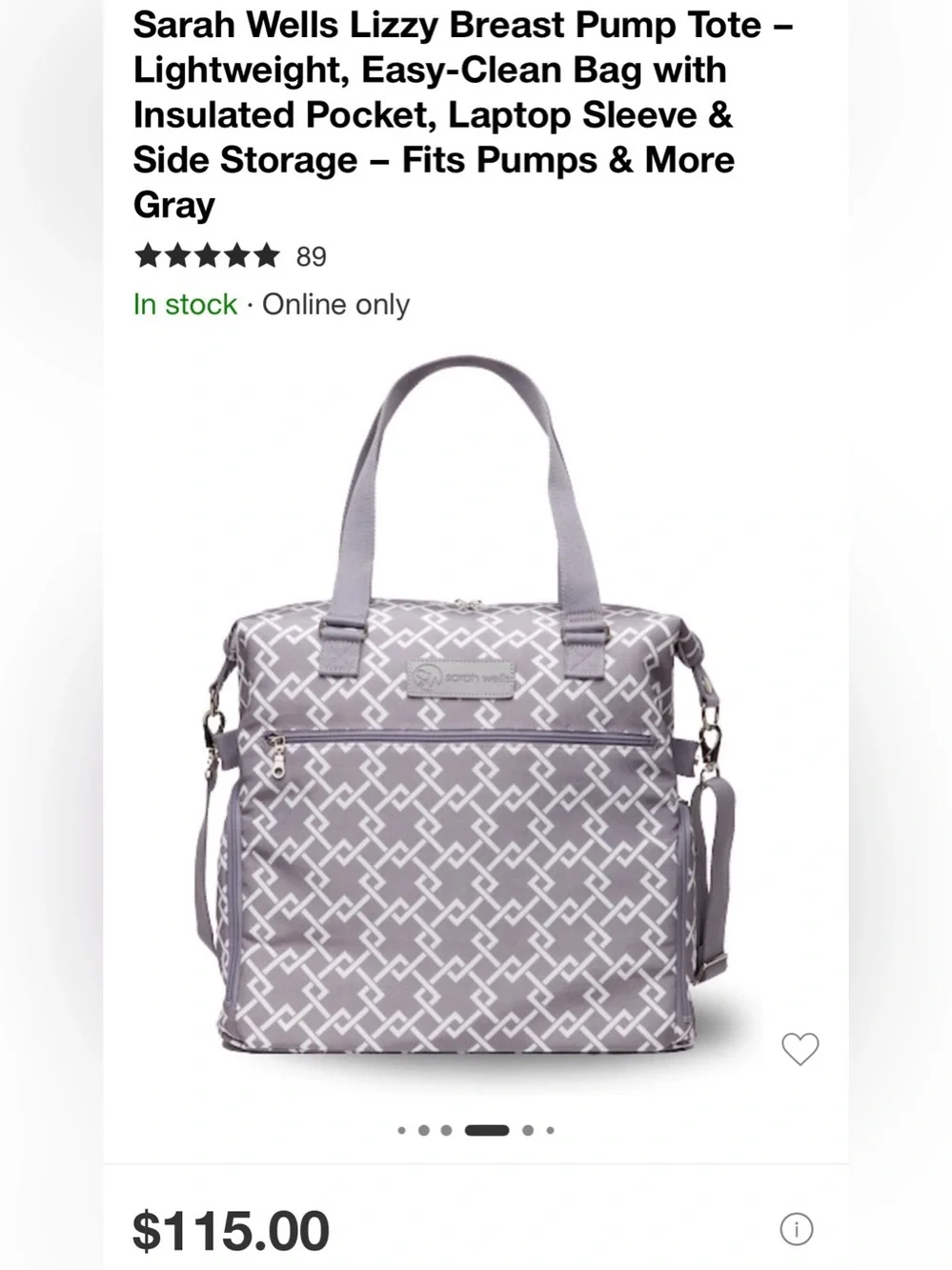 Sarah Wells Lizzy Breast Pump Tote - Gray Geometric